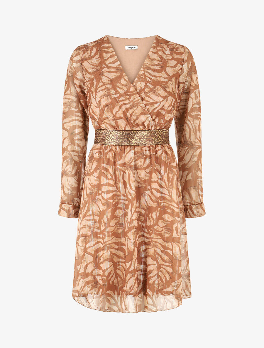 Robe fluide imprimé fleuri à taille stylisée - Camel - 1