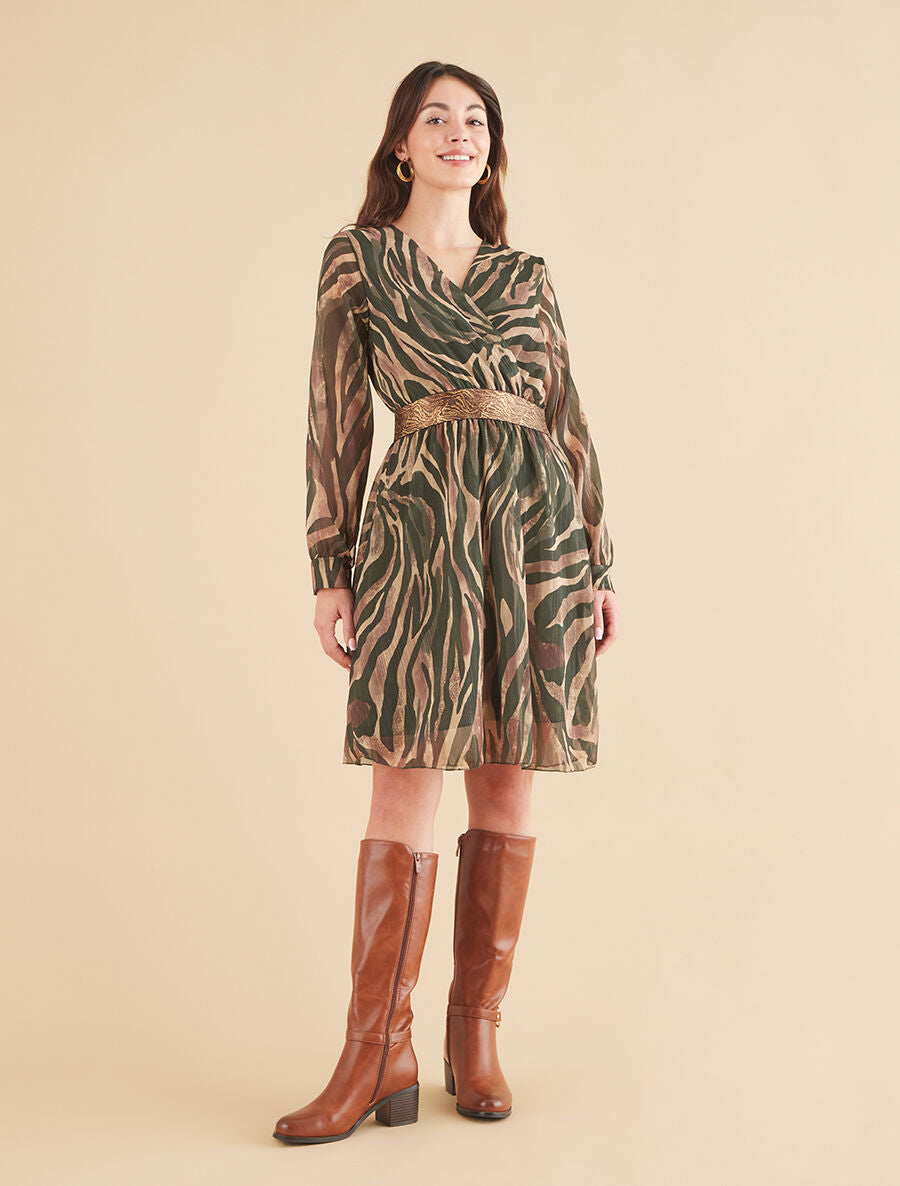 Robe fluide imprimé zébre à taille stylisée - Kaki - 4