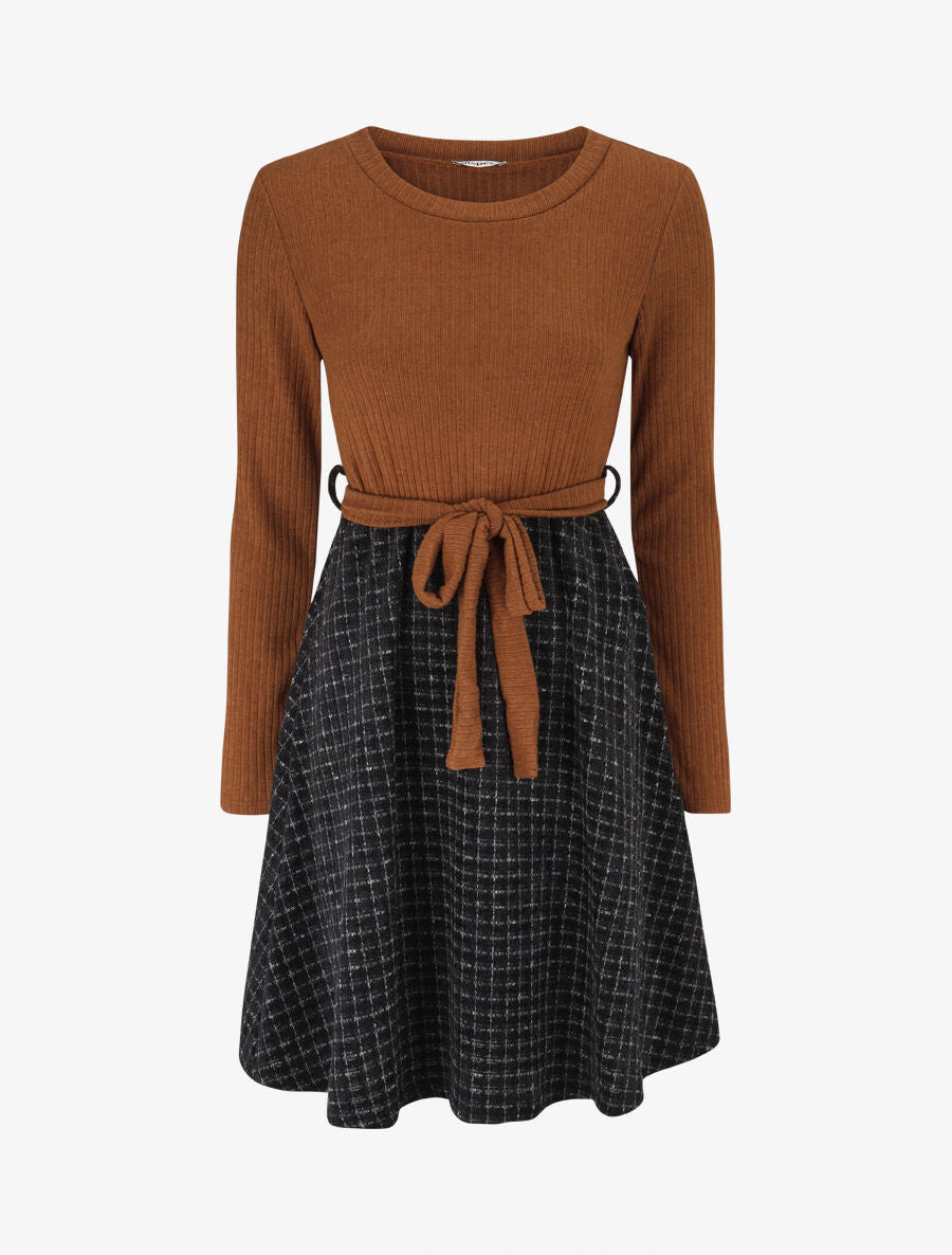 Robe bimatière à jupe imprimé carreaux - Camel - 5