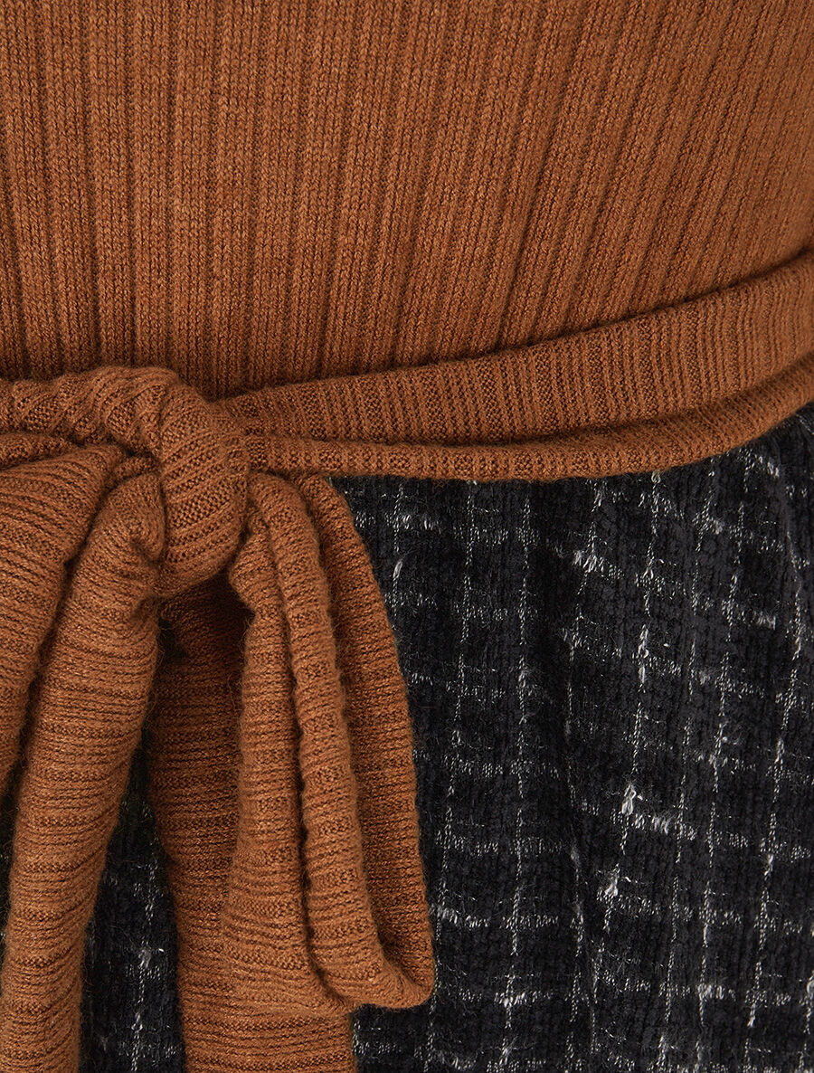 Robe bimatière à jupe imprimé carreaux - Camel - 3