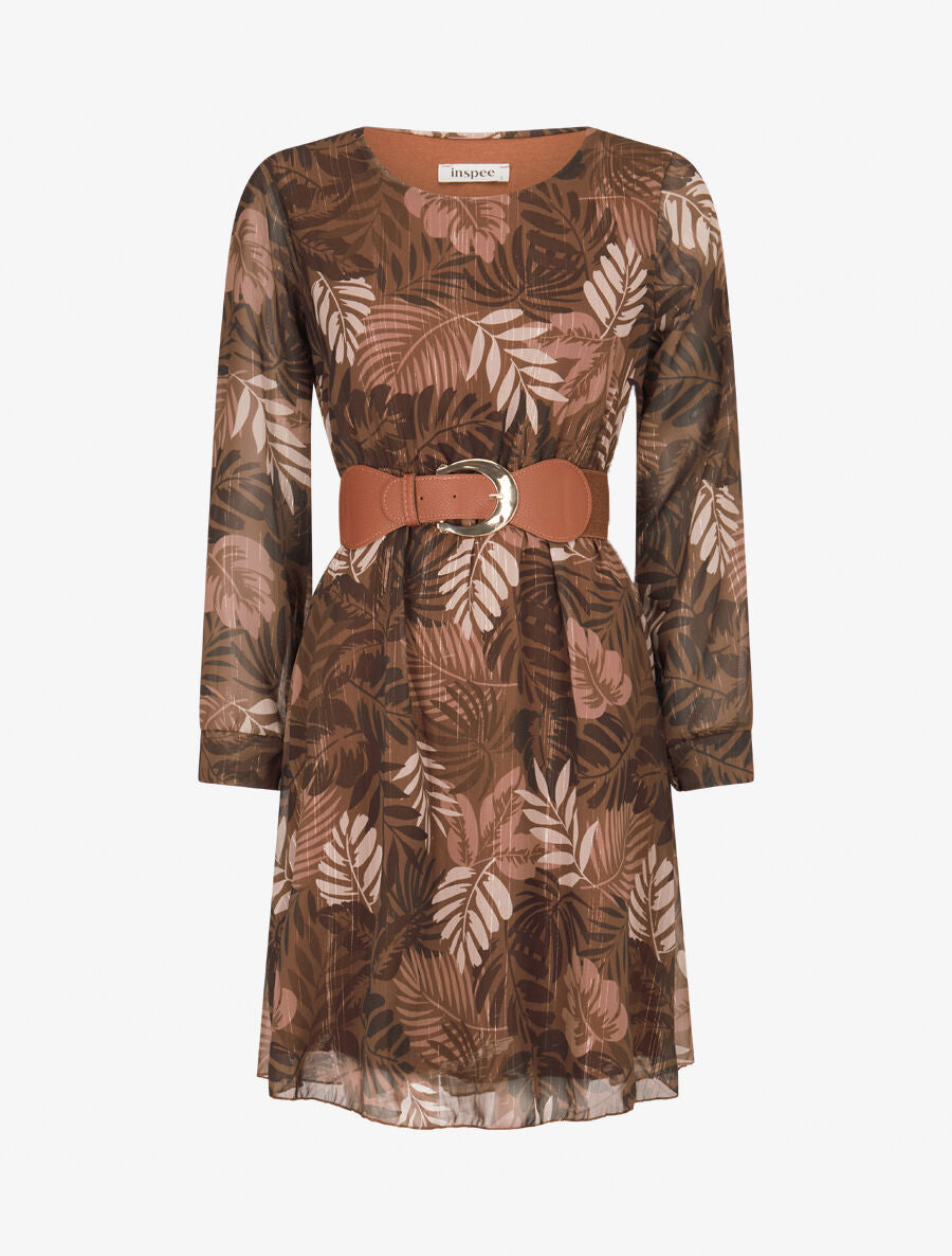 Robe légère en voile lamé imprimé feuilles tropicales - Marron - 4