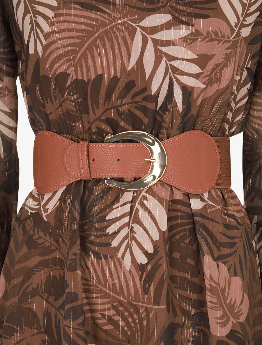 Robe légère en voile lamé imprimé feuilles tropicales - Marron - 3