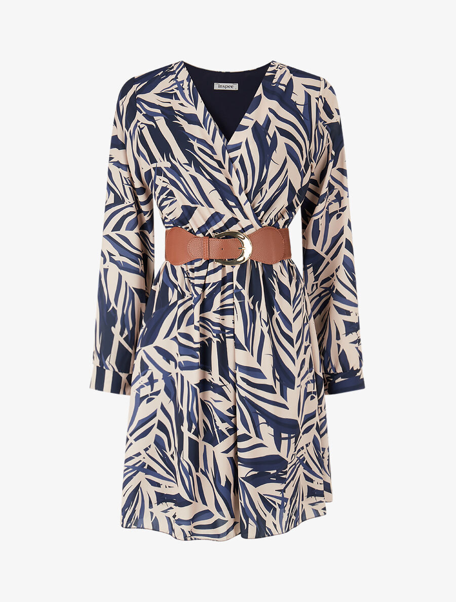 Robe patineuse imprimé feuillage stylisé - Marine - 1