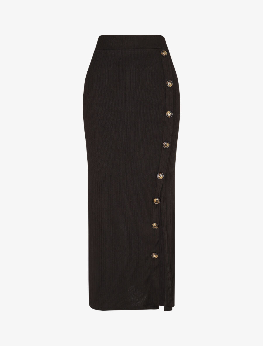 Jupe longue fendue en maille - Noir - 1