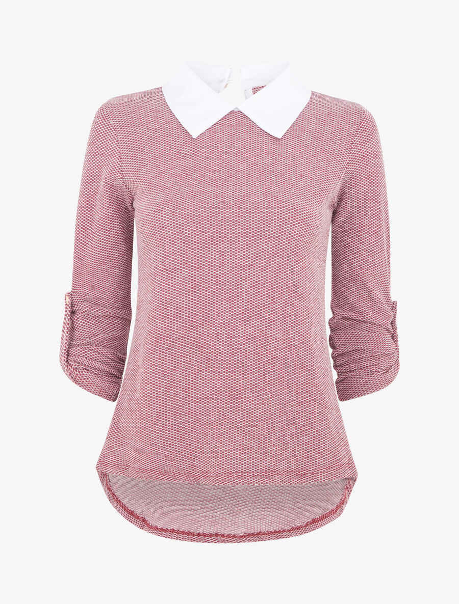 Pull fin à col chemise et manches retroussables - Bordeaux - 4