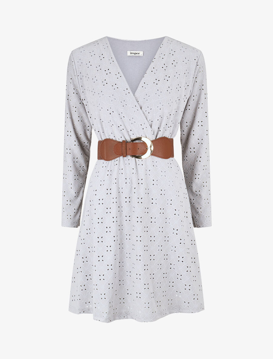 Robe unie élastiquée et ajourée - Gris - 4