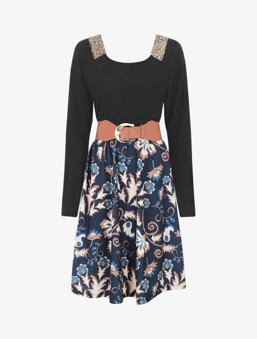 Robe bimatière à col à bandes élastiquées stylisées - Marine - 1