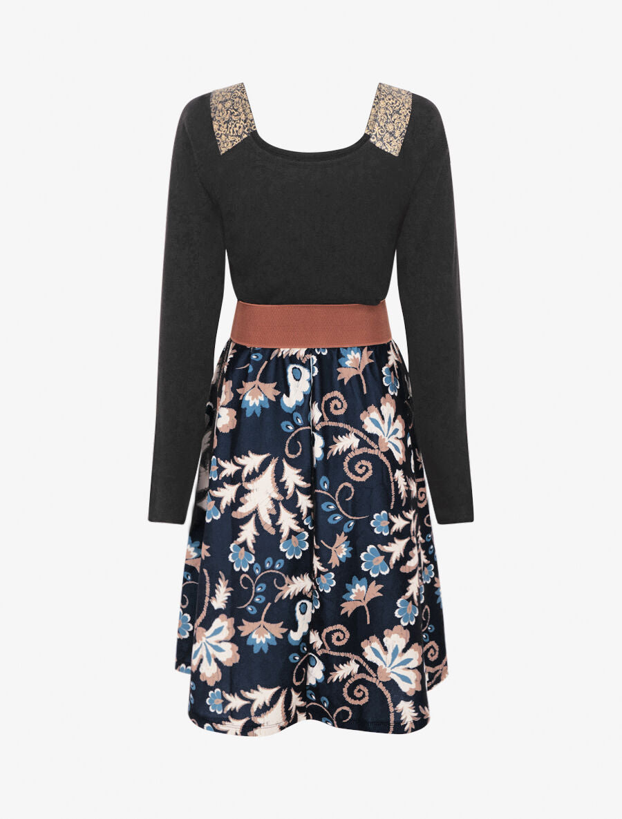 Robe bimatière à col à bandes élastiquées stylisées - Marine - 2