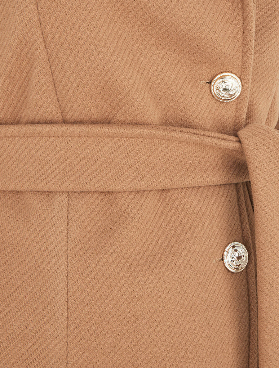Manteau long uni à boutons marins dorés - Camel - 3