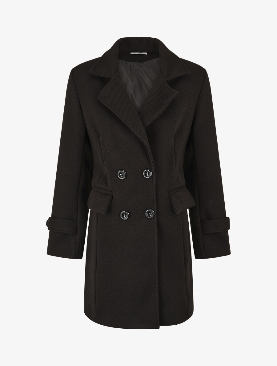 Manteau long uni à col cranté - Noir - 1
