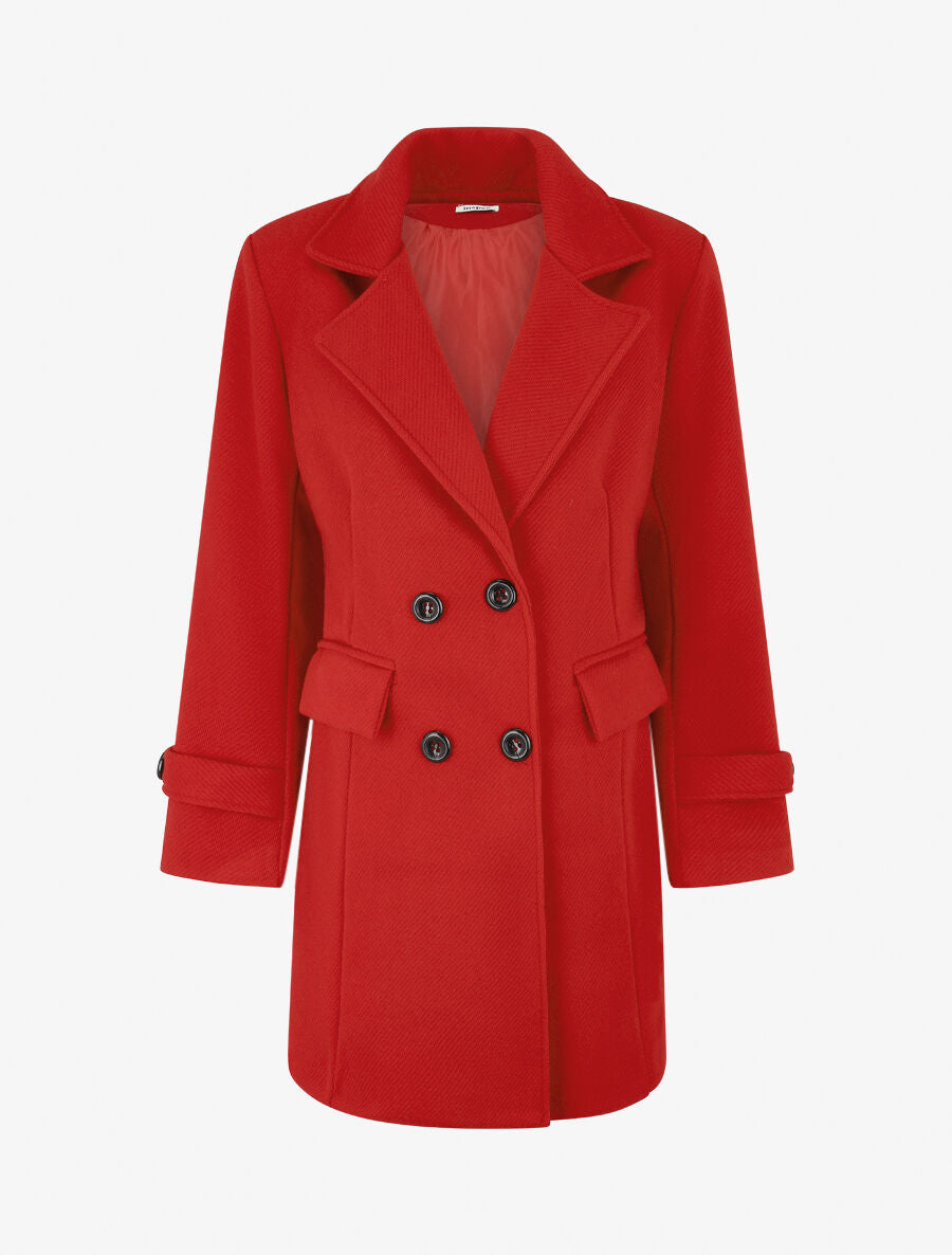 Manteau long uni à col cranté - Rouge - 5