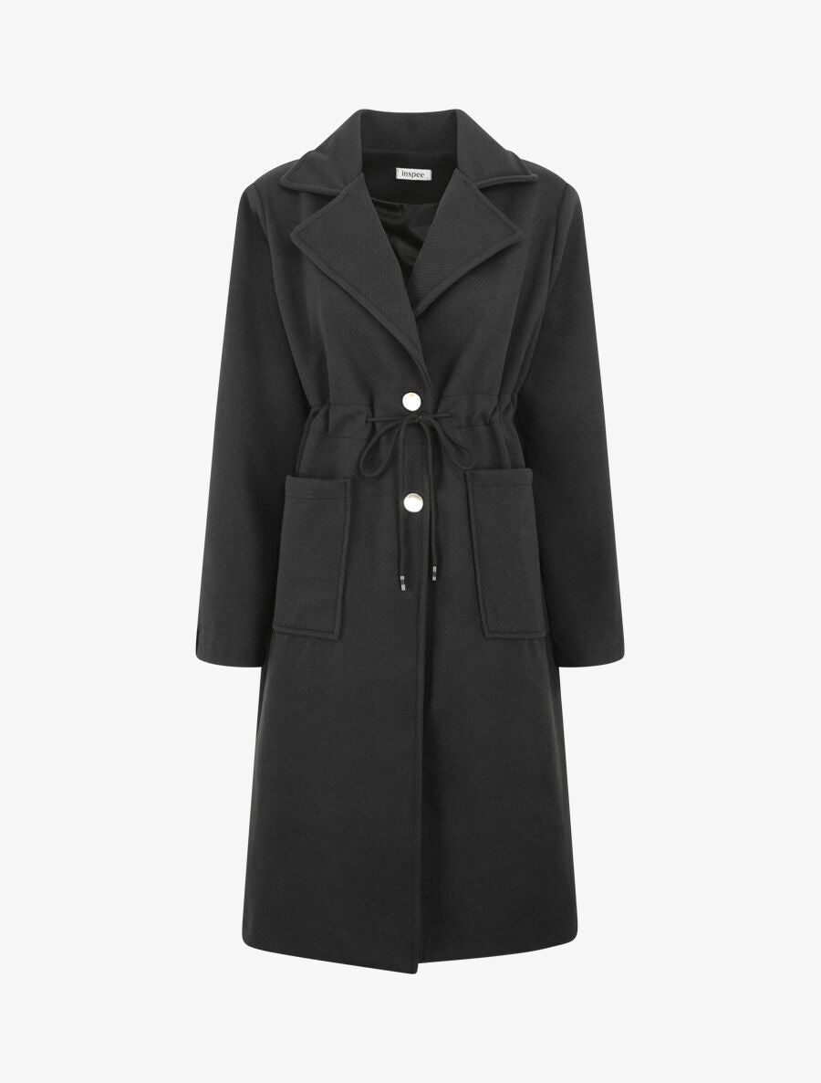 Manteau uni à cordons de serrage - Noir - 1