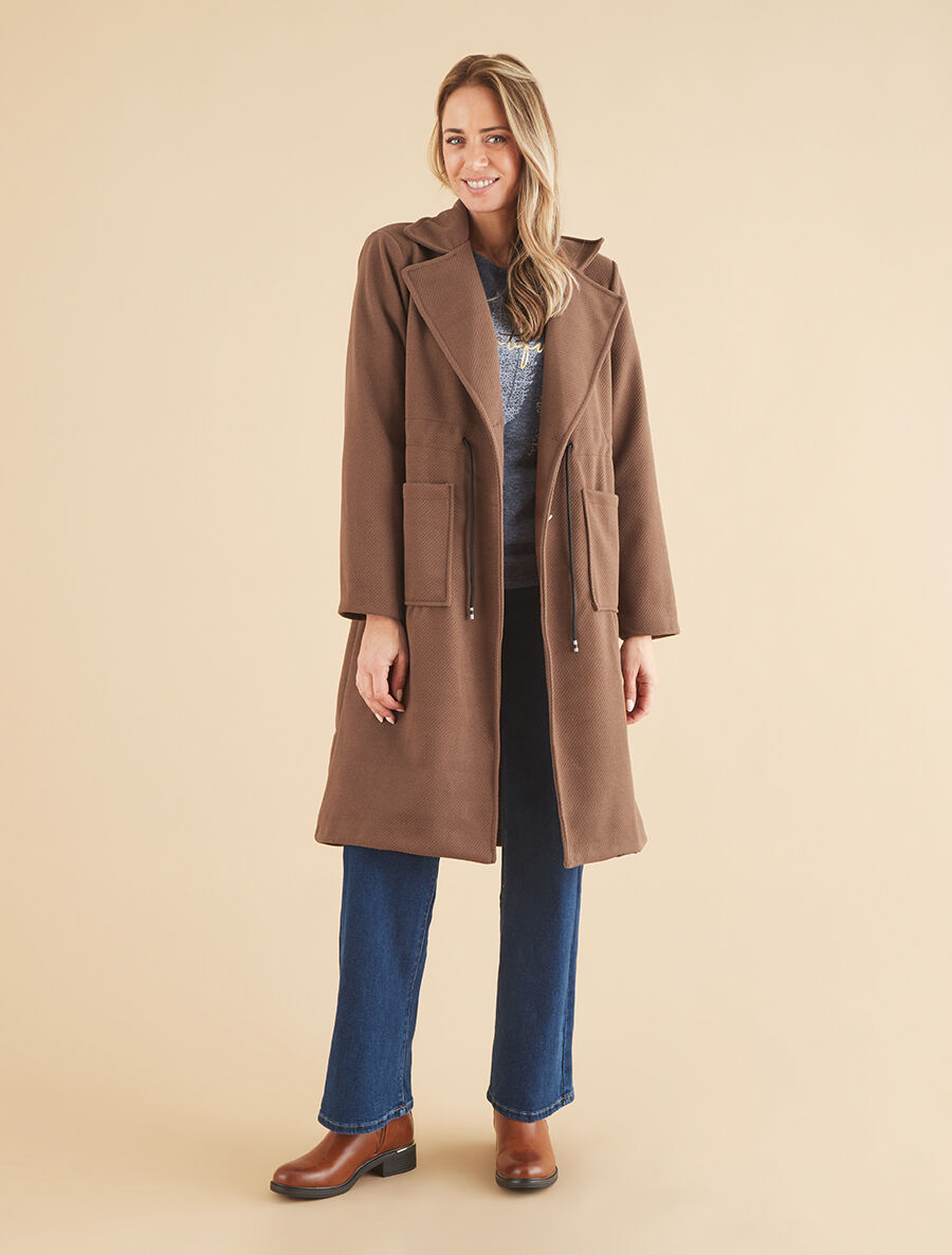 Manteau uni à cordons de serrage - Marron - 4