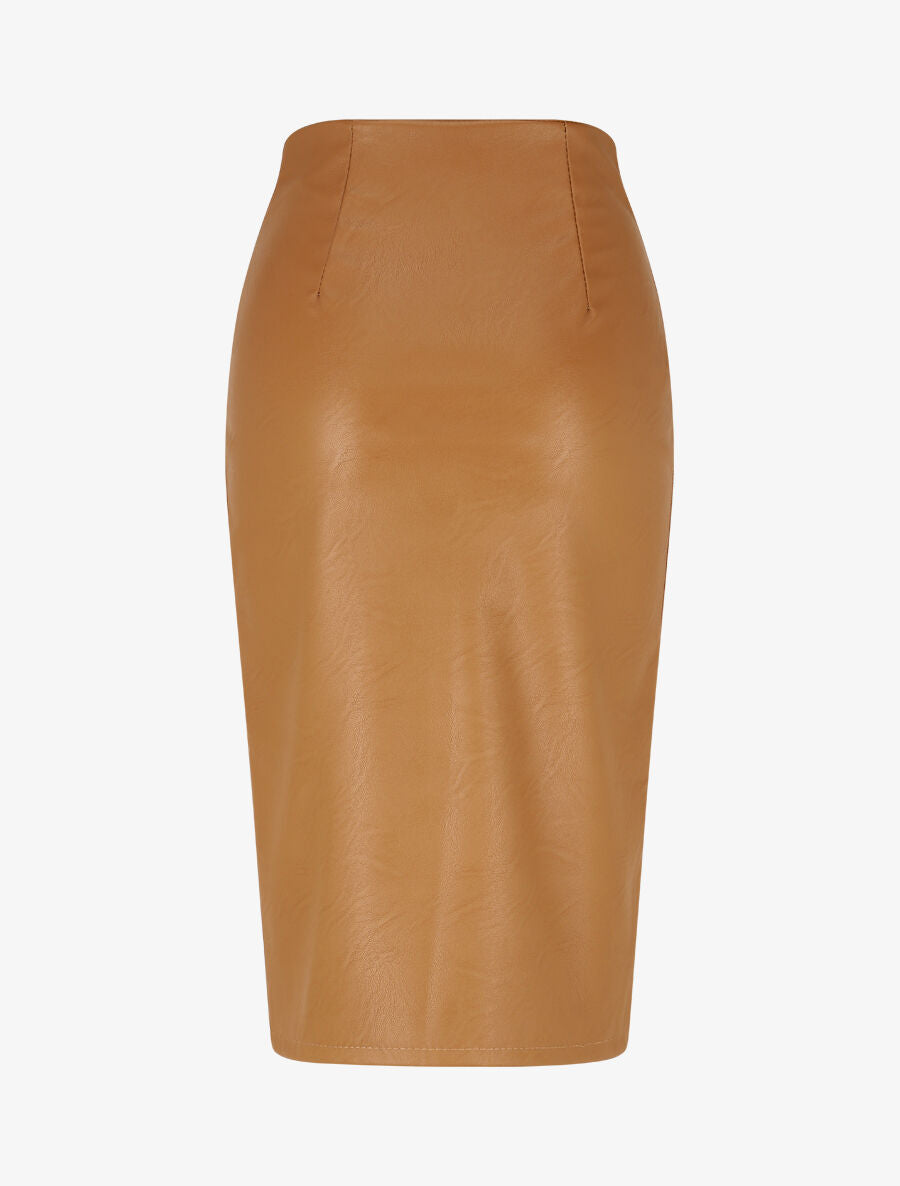 Jupe mi-longue zippée en simili - Camel - 2