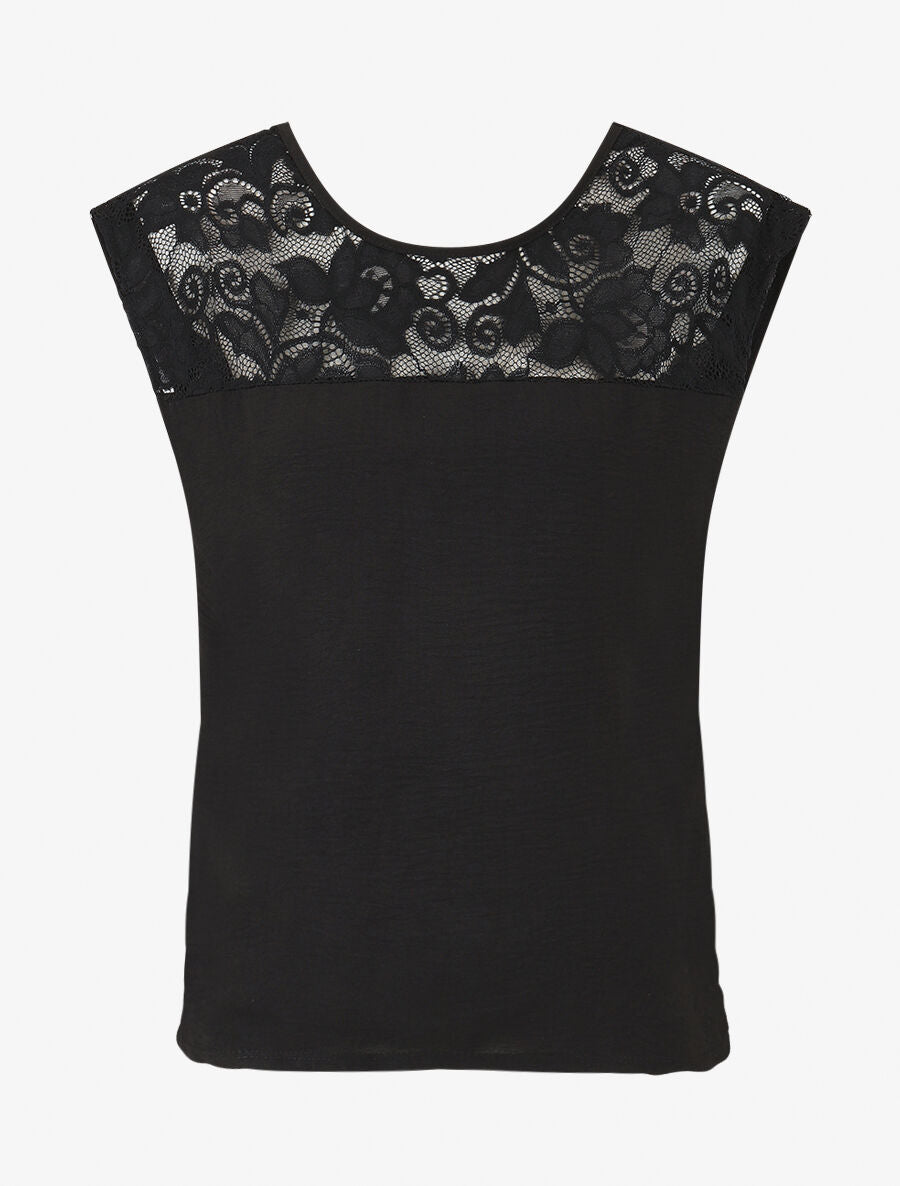 Top droit sans manches col en dentelle - Noir - 1
