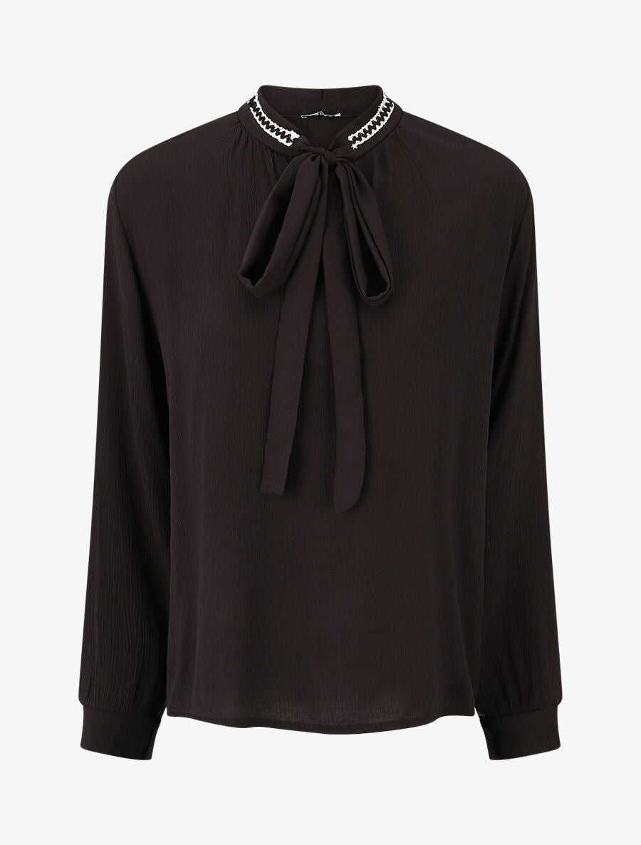 Blouse droite col lavallière fantaisie et manches longues - Noir - 1