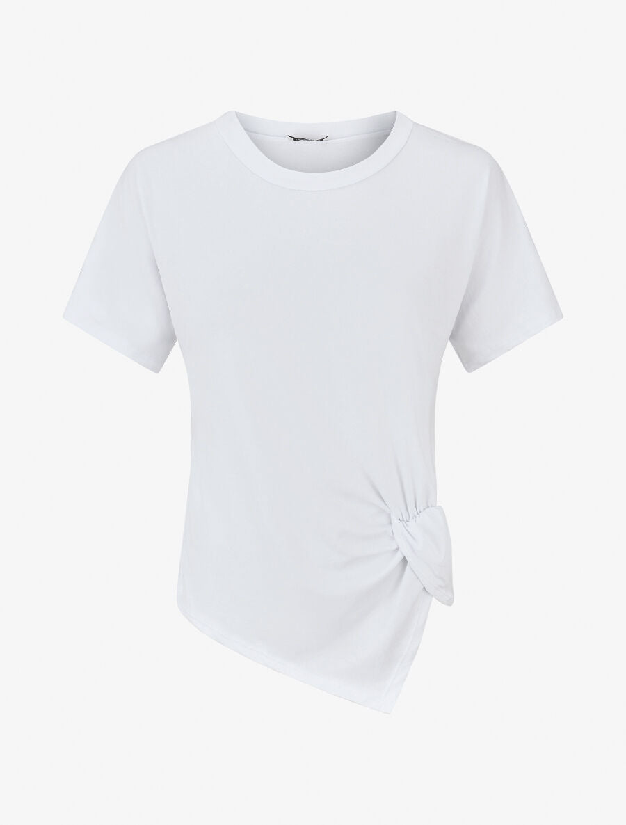 T-shirt uni à côté froncé - Blanc - 1