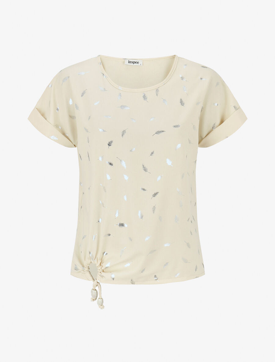 Top imprimé plumes irisées à détail ajouré et pierres - Beige - 1