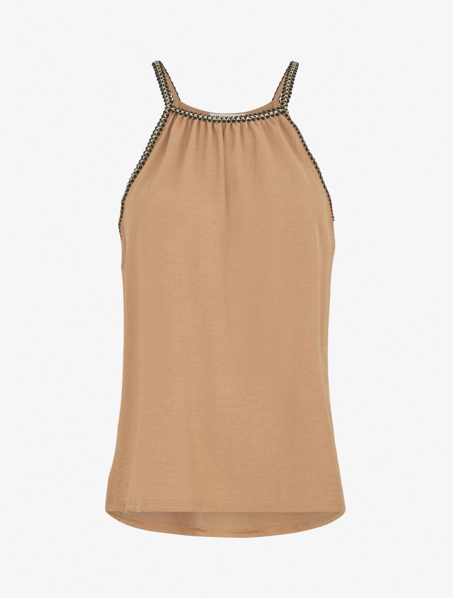 Top uni sans manches à détail brodé irisé - Camel - 4