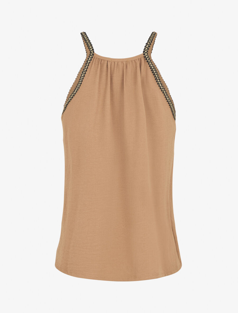Top uni sans manches à détail brodé irisé - Camel - 2