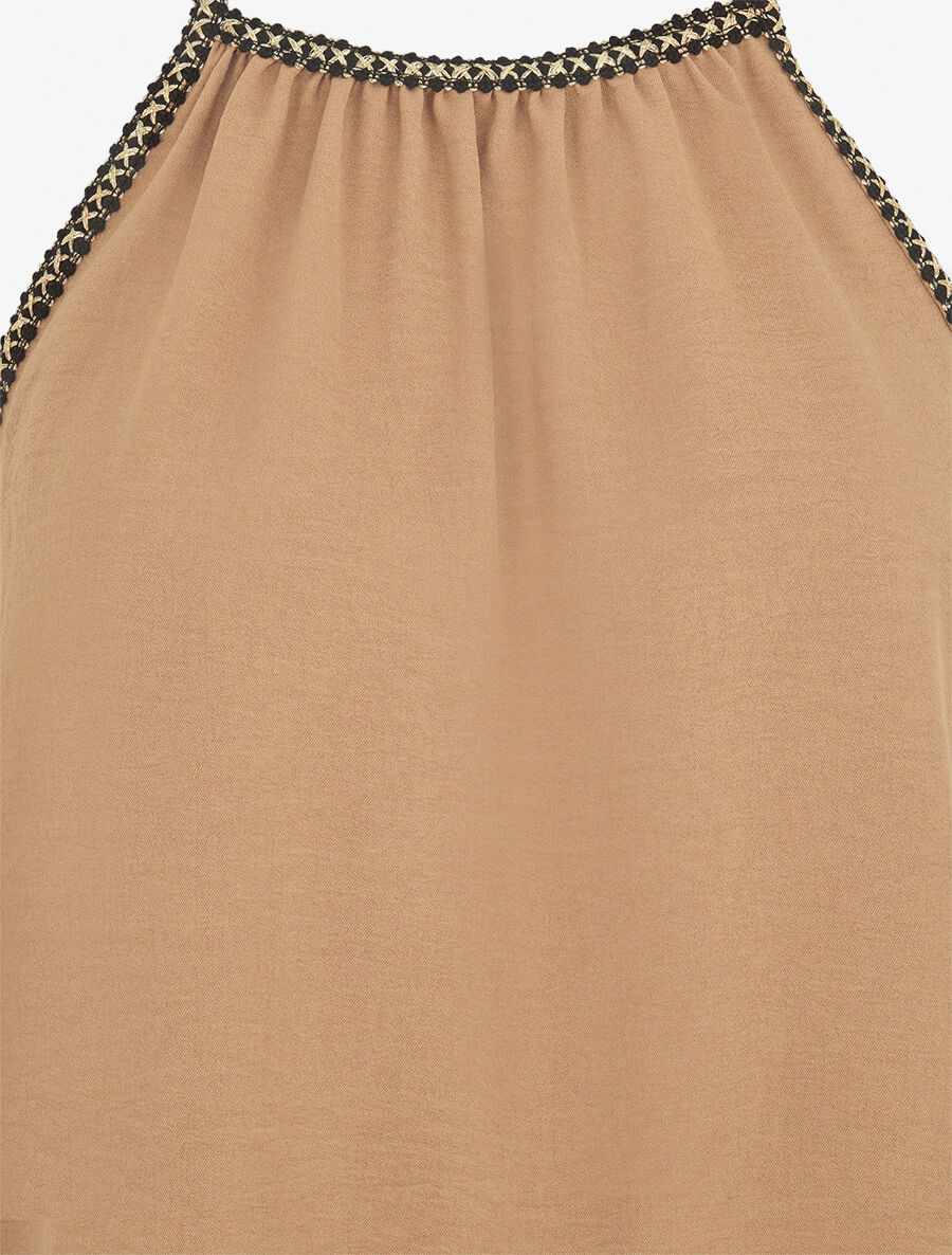 Top uni sans manches à détail brodé irisé - Camel - 3