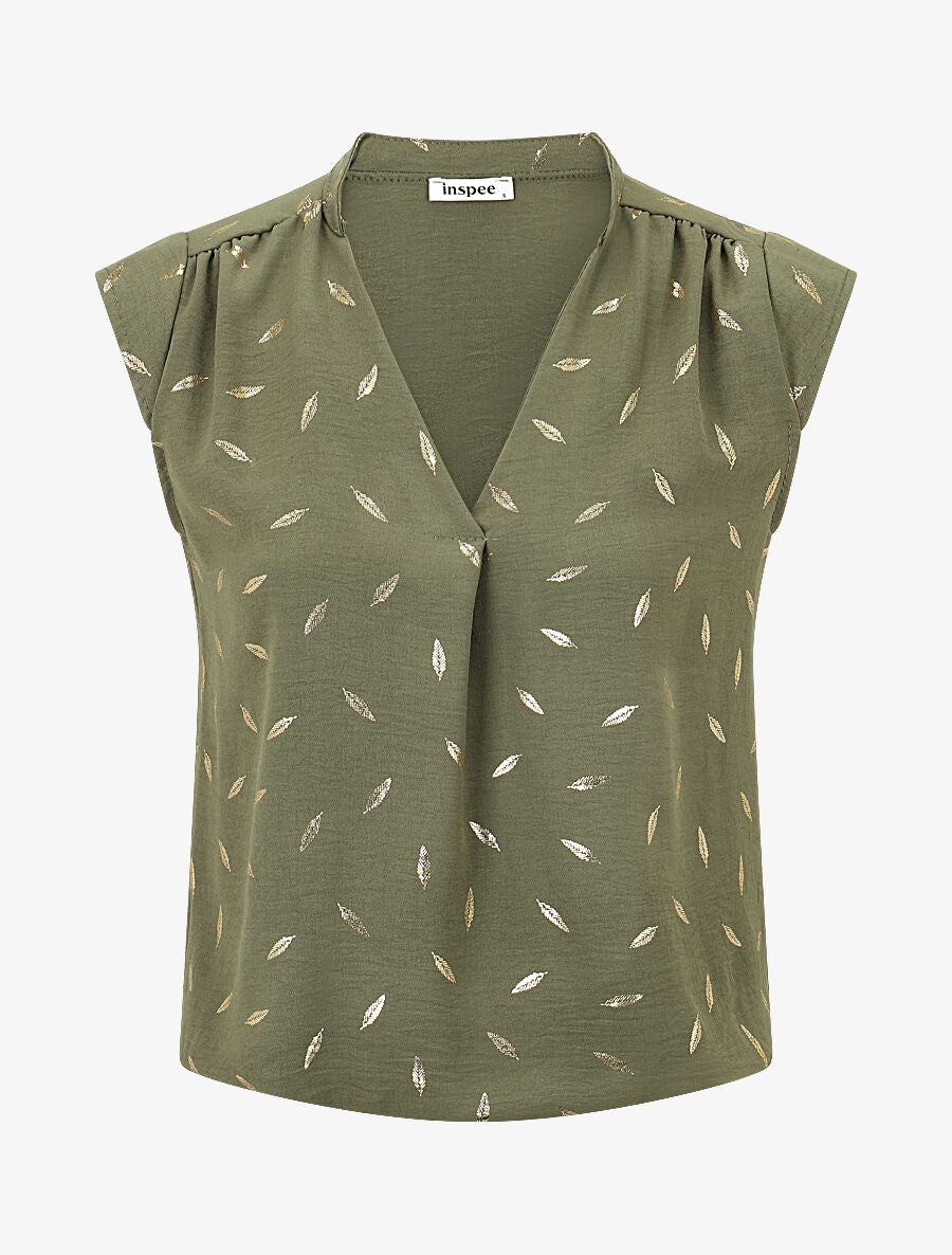 Top sans manches motif plumes dorées - Kaki - 1