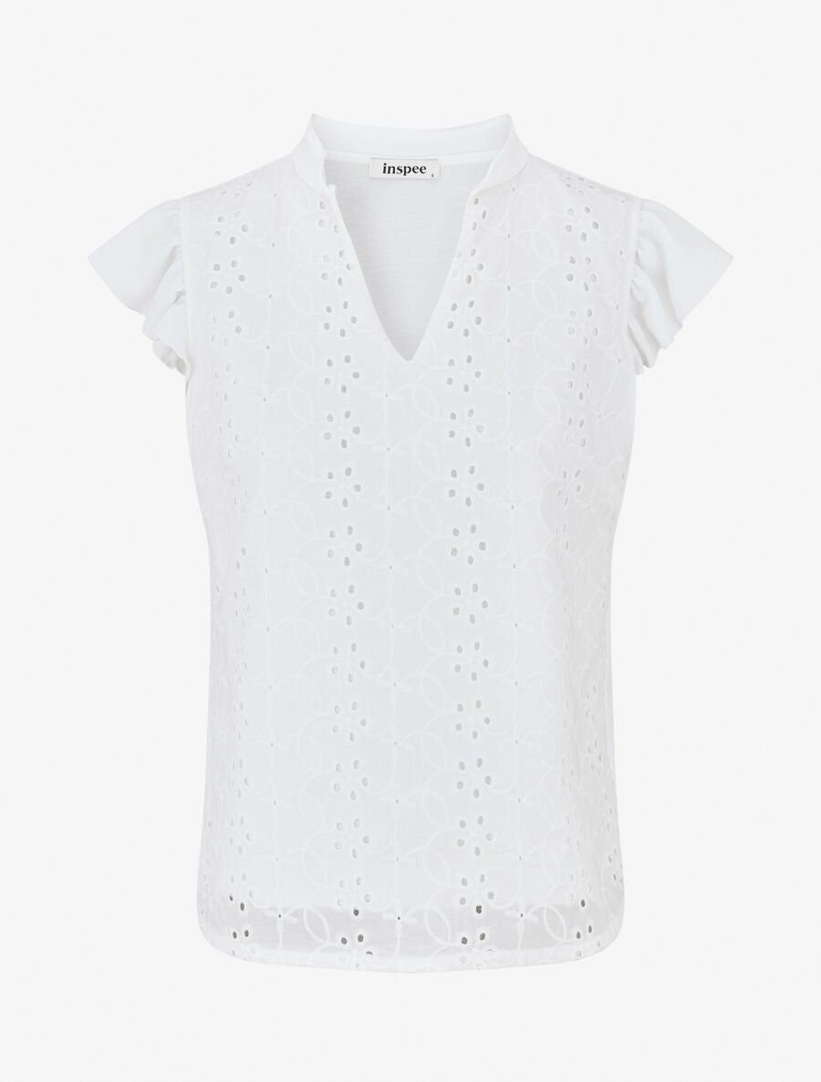 Top droit en broderie anglaise mancherons volantés - Blanc - 4