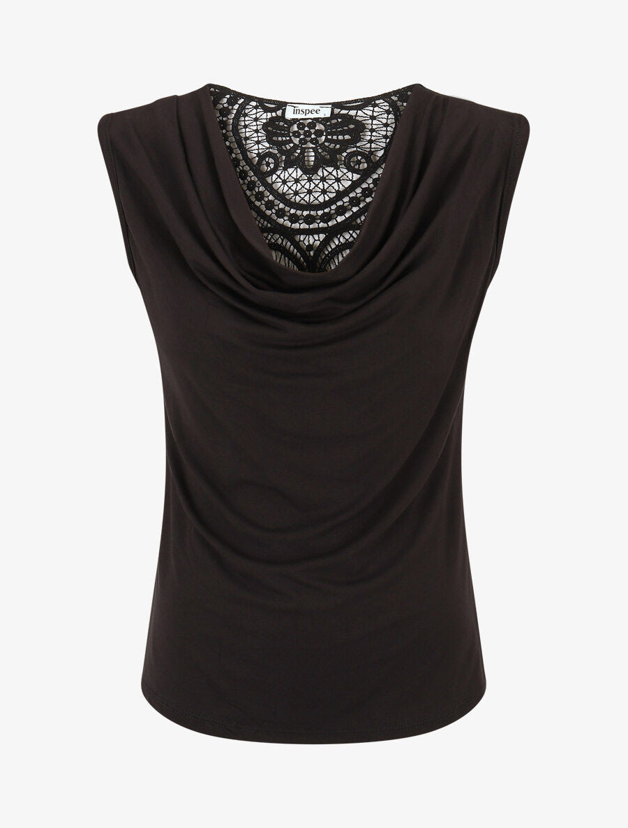 Top sans manches col bénitier et dos en dentelle - Noir - 1
