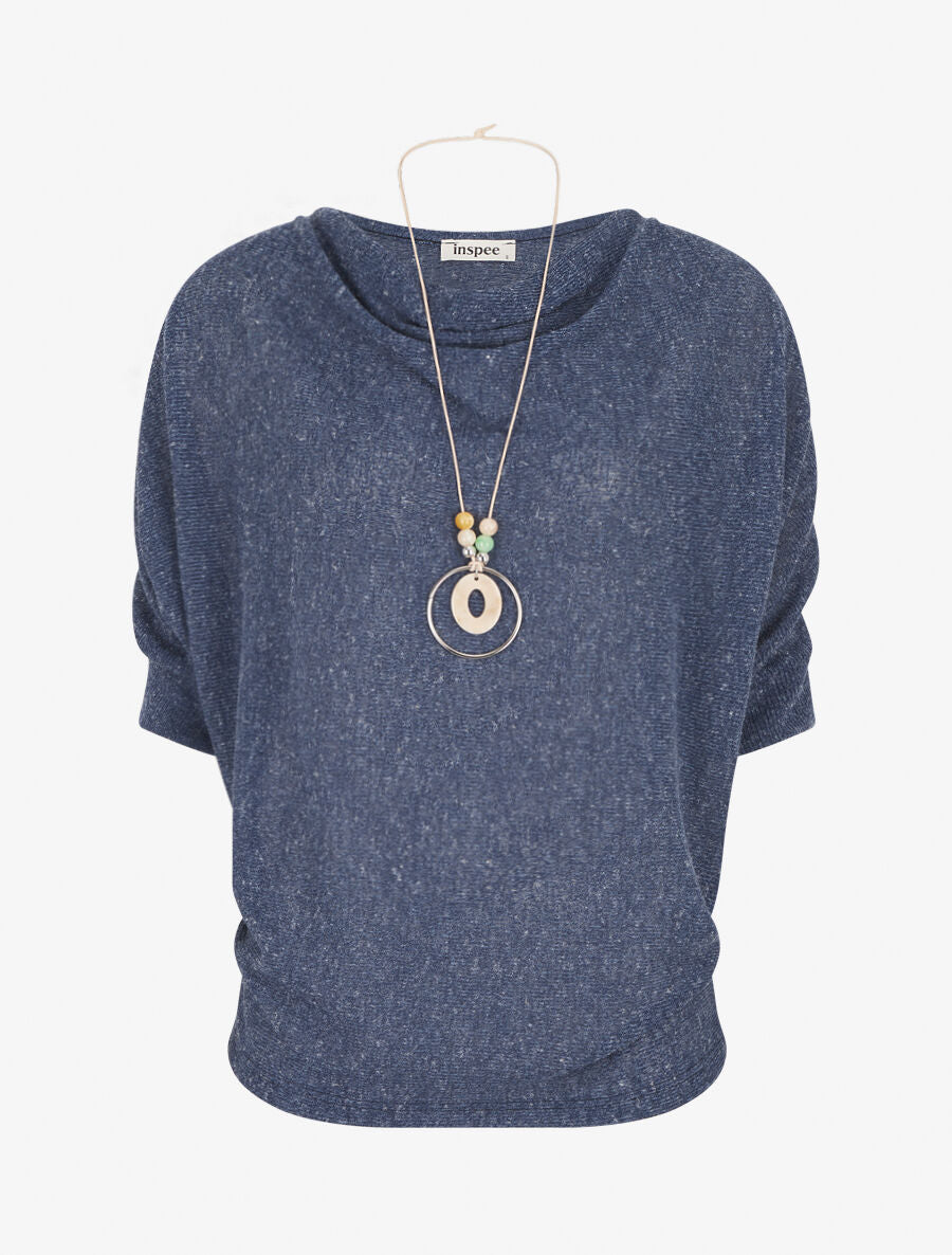 Pull fin manches 3/4 à col bénitier - Bleu - 1