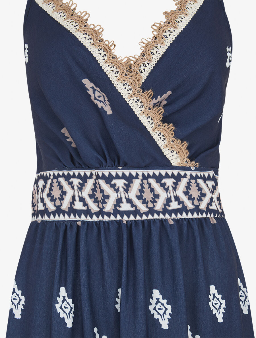 Robe longue à taille élastiquée imprimé ikat - Marine - 3