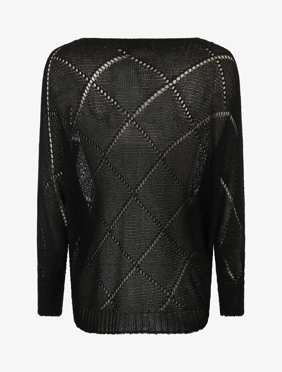 Pull en maille ajourée à motif quadrillé - Noir - 2