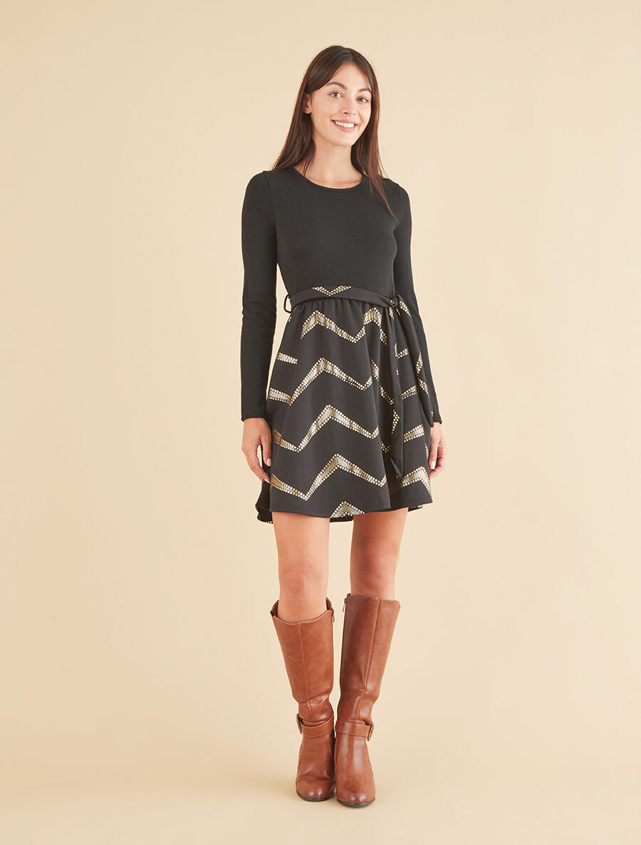 Robe patineuse à imprimés dorés - Noir - 4