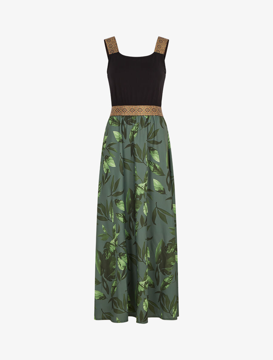 Robe longue à bretelles imprimé feuilles - Kaki - 4