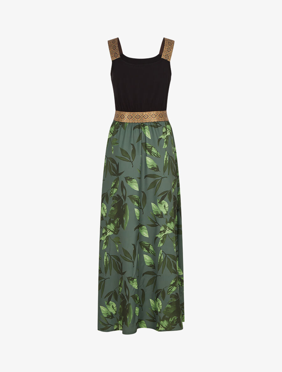 Robe longue à bretelles imprimé feuilles - Kaki - 2