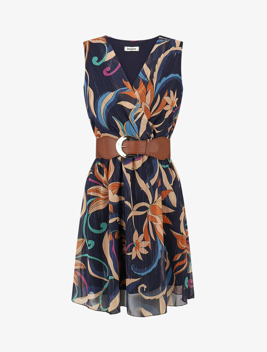 Robe courte sans manches imprimé floral irisé - Marine - 4