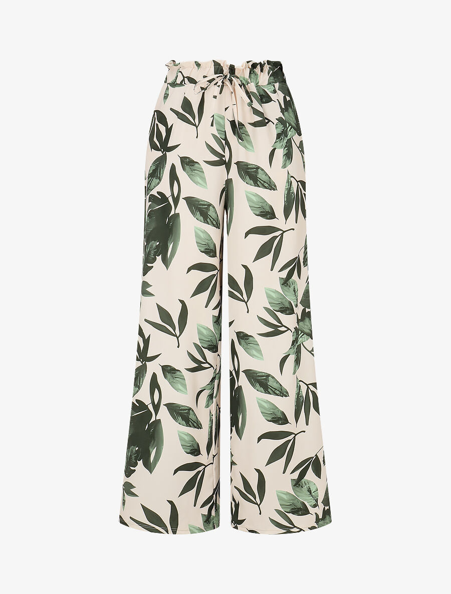 Pantalon imprimé feuillage à taille élastiquée - Kaki - 1