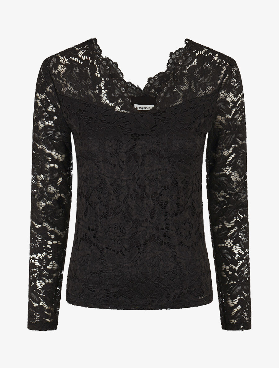 Top uni en dentelle - Noir - 1