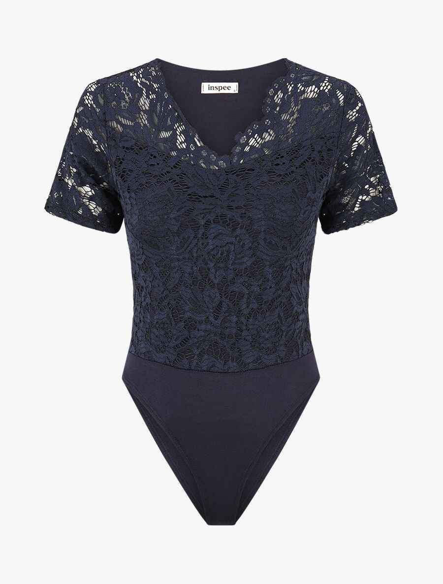 Body en dentelle manches courtes - Marine - 1