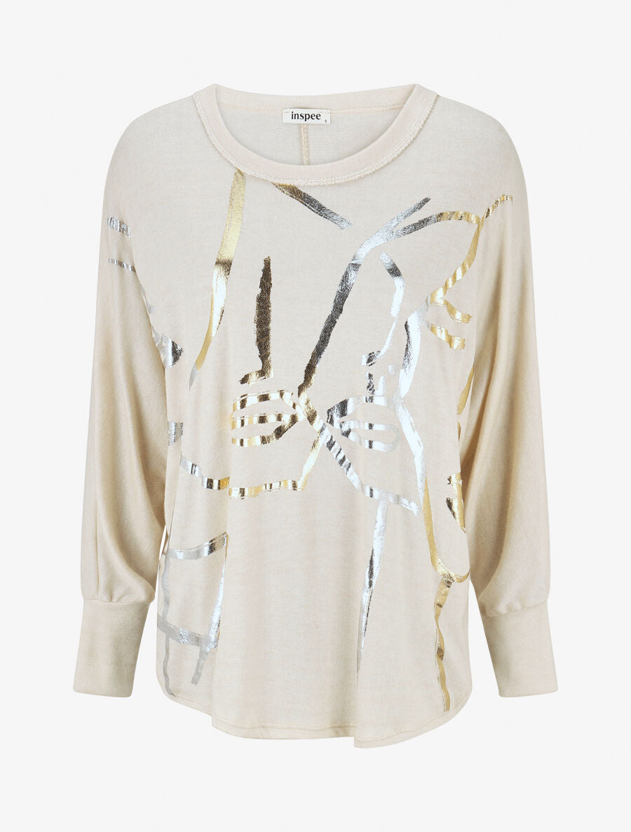 Pull fin droit flocage stylisé irisé - Beige - 4