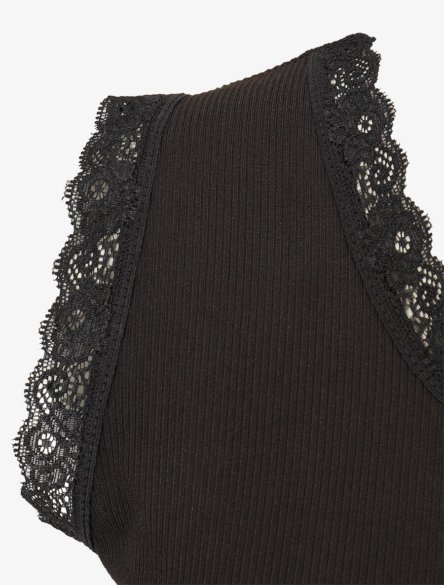 Débardeur côtelé à dentelle coupe ajustée - Noir - 3