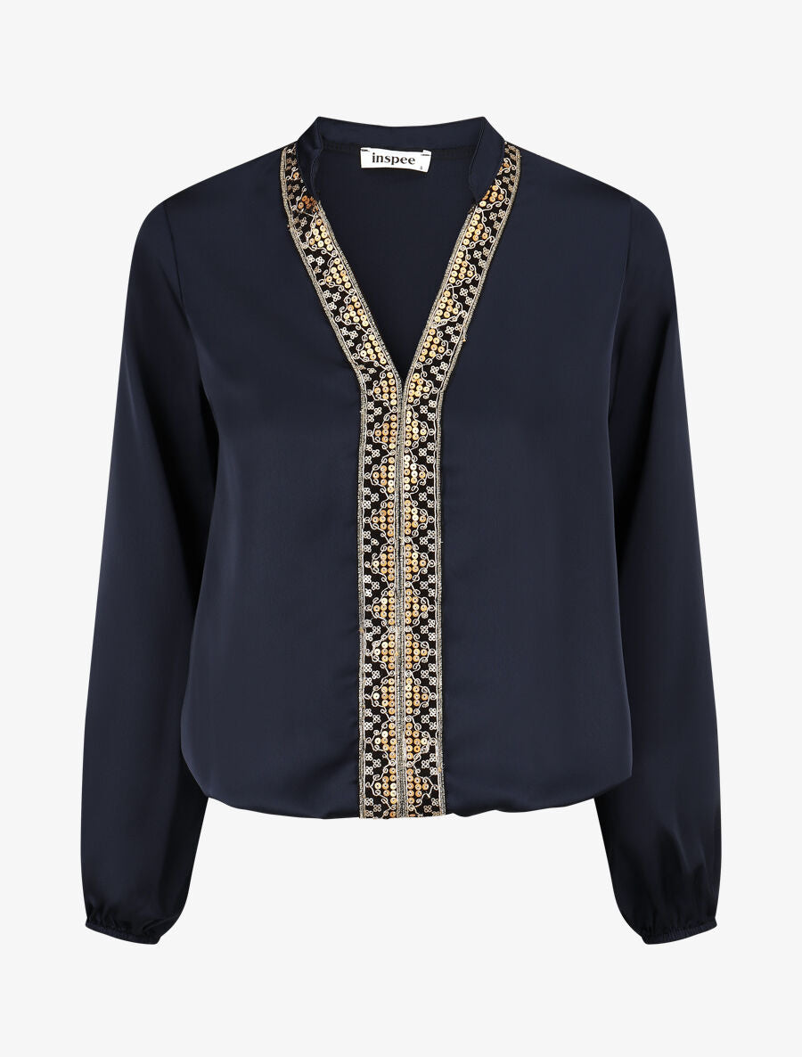 Blouse satinée ornée de broderie - Marine - 1