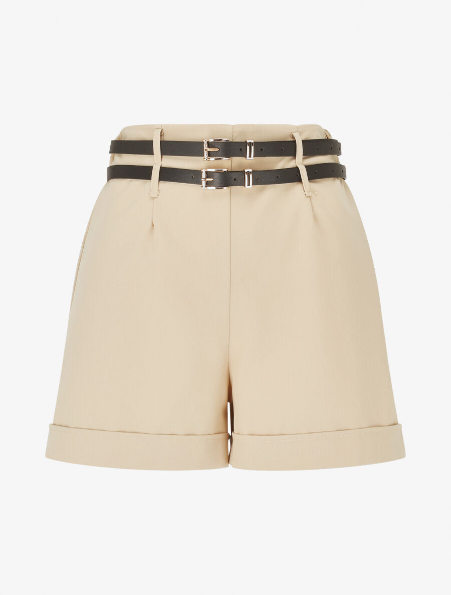 Short droit taille haute à double ceintures - Beige - 4
