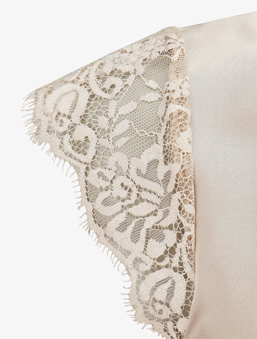 Top satiné à épaules en dentelle - Beige - 3