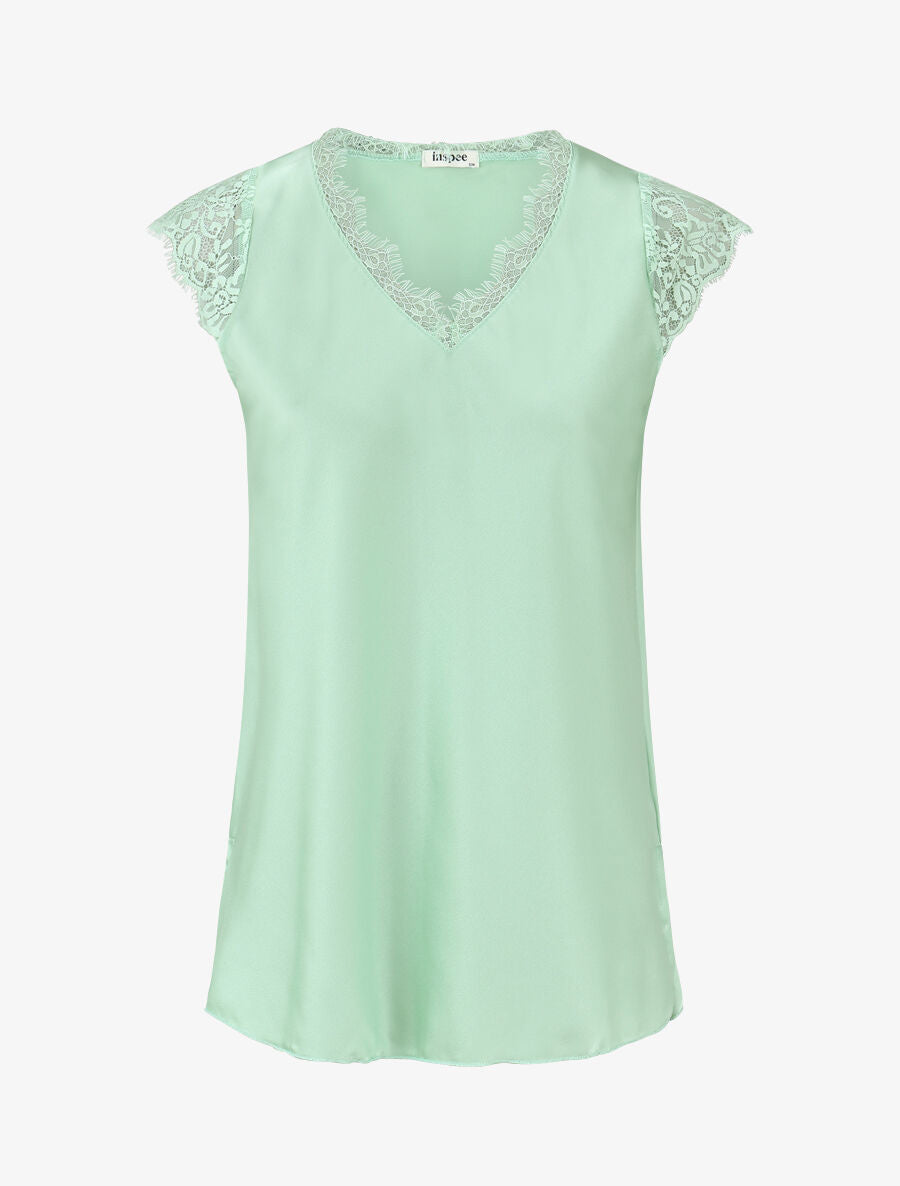 Top satiné à épaules en dentelle - Vert clair - 1