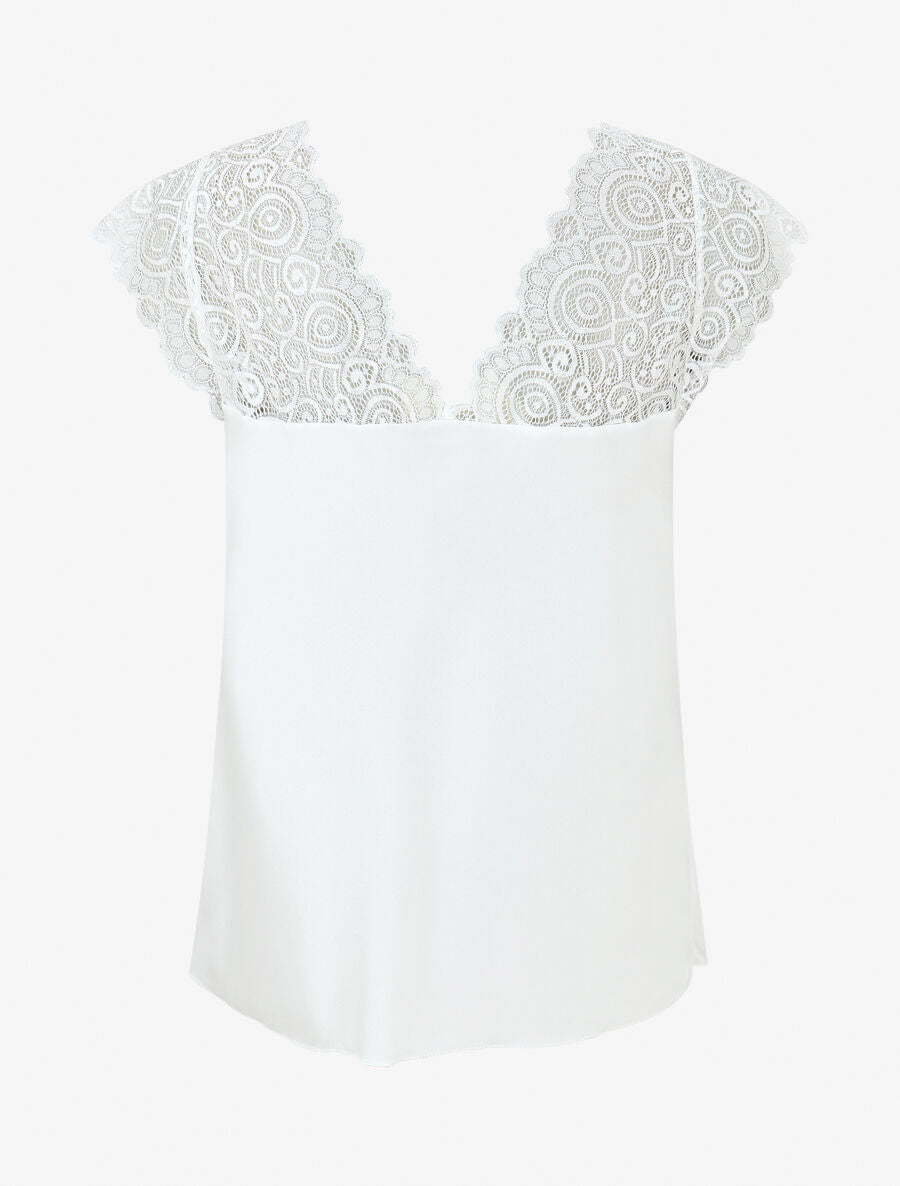 Top satiné à mancherons en dentelle - Blanc - 2