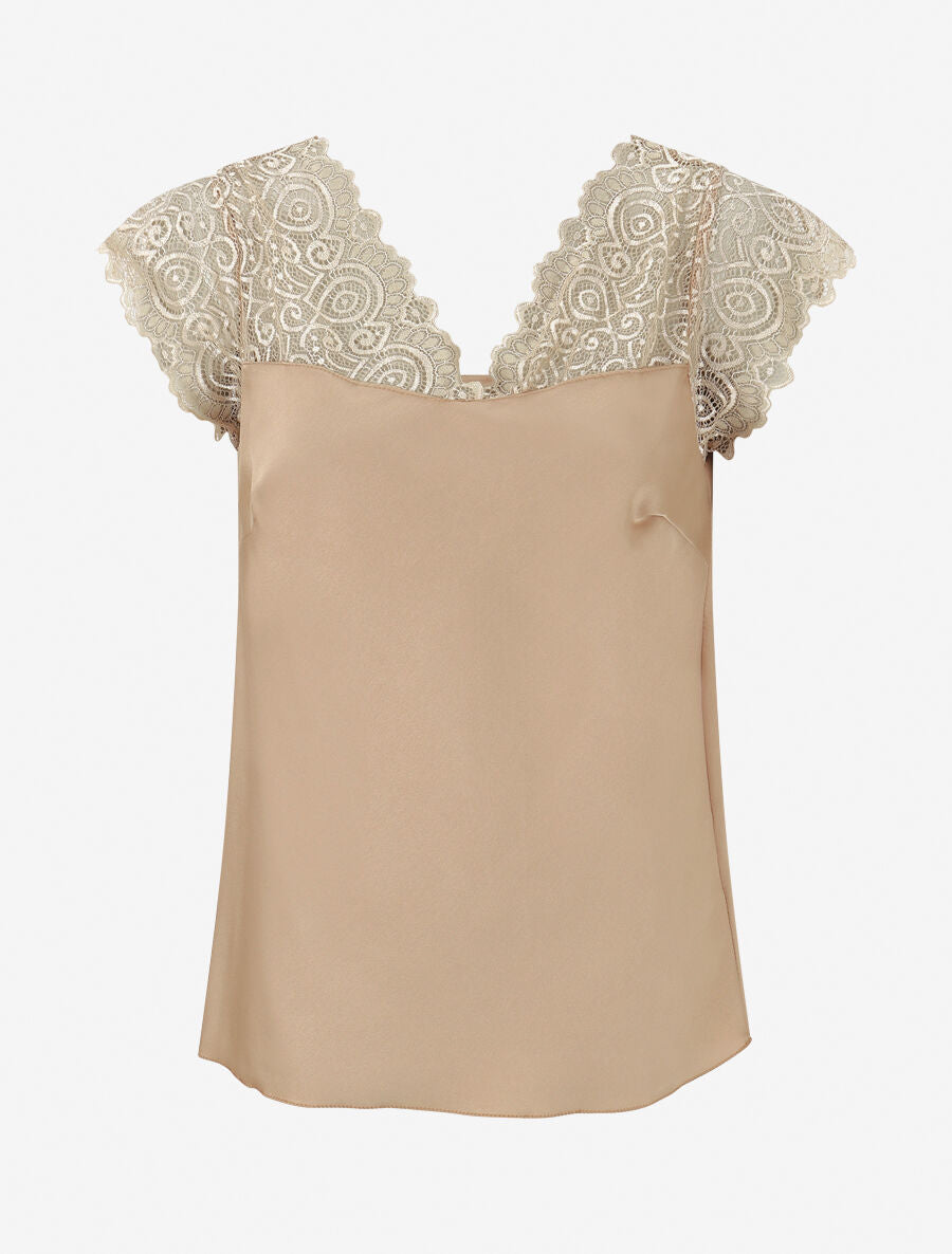 Top satiné à mancherons en dentelle - Beige - 1