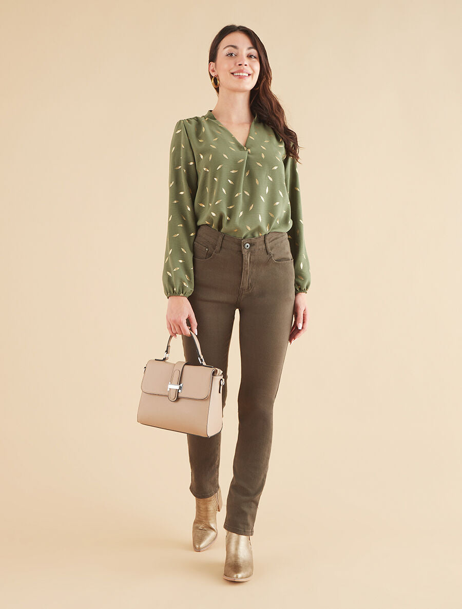 Blouse unie flocage plumes irisées - Kaki - 4