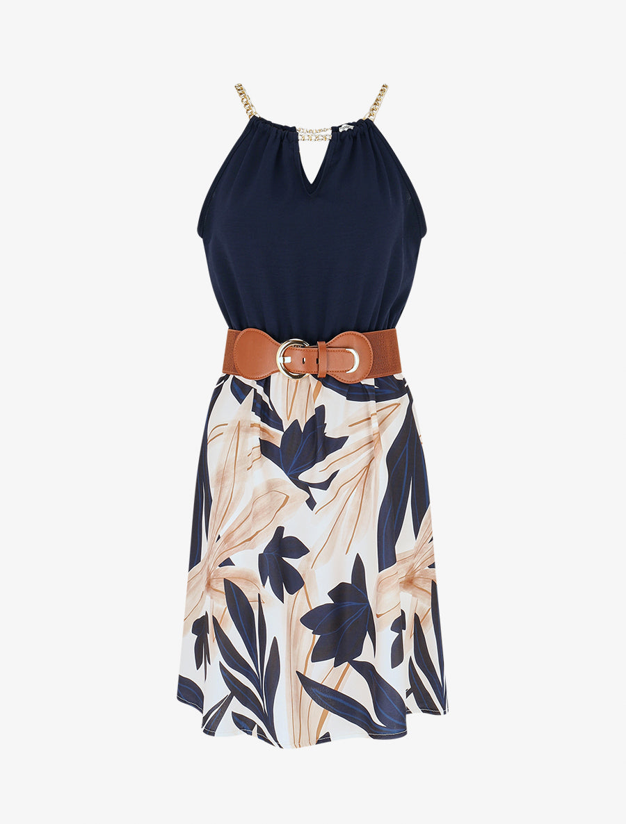 Robe mi-longue imprimé feuillage à bretelles en chaîne - Marine - 1