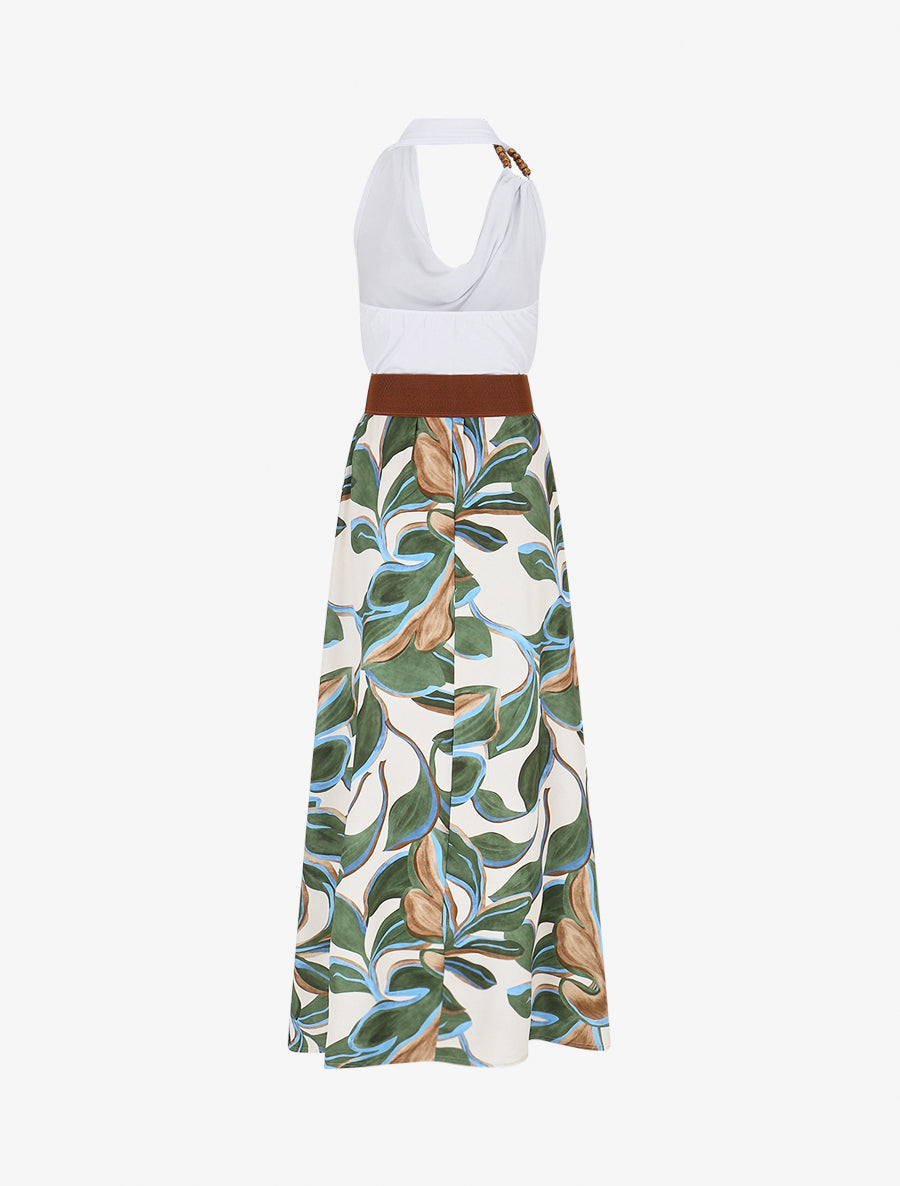 Robe longue dos nu à imprimé grandes feuilles - Kaki - 2