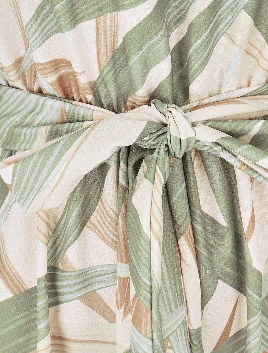 Robe mi-longue à col à perles et imprimé tropical - Kaki - 3